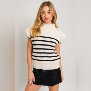 390. Turtleneck Power Shoulder Sweater Vest in Cream Black Stripe
